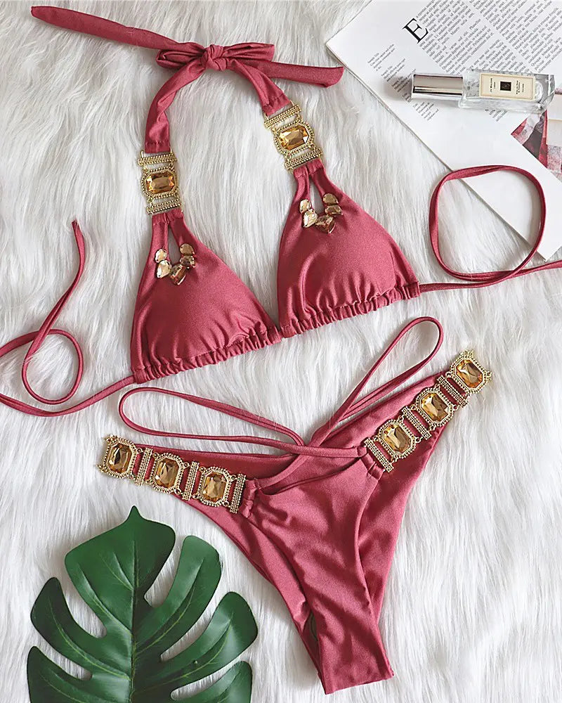 Gem Stone Halter Tied Detail Bikini Set