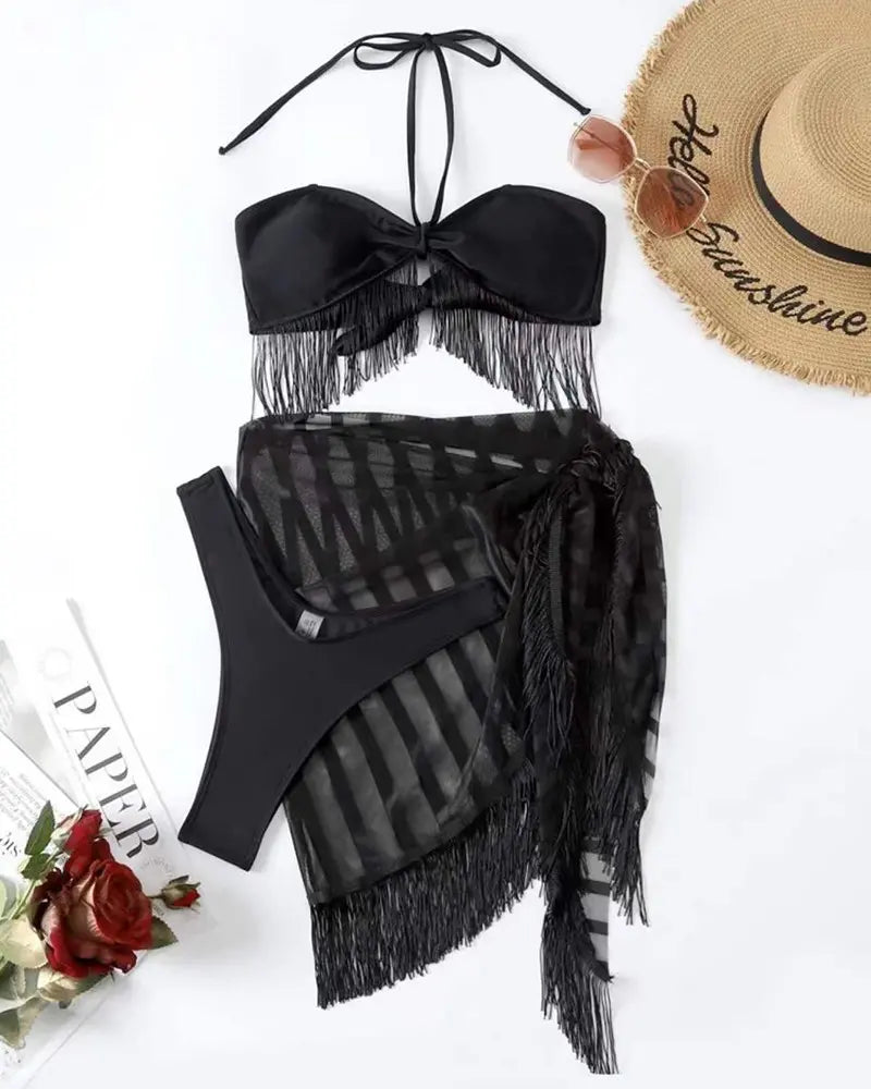 3PCS Sheer Mesh Halter Fringe Decor Bikini Set With Cover Up