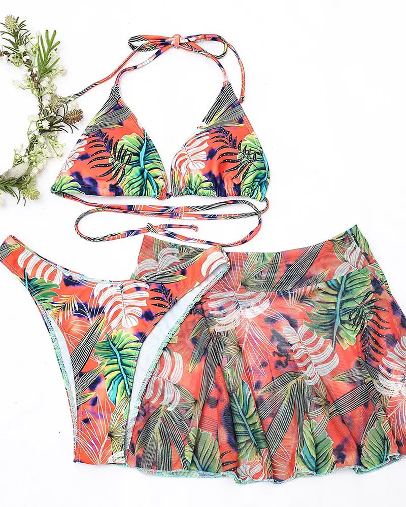 3PCS Halter Tropical Print Bikini Set With Cover Up