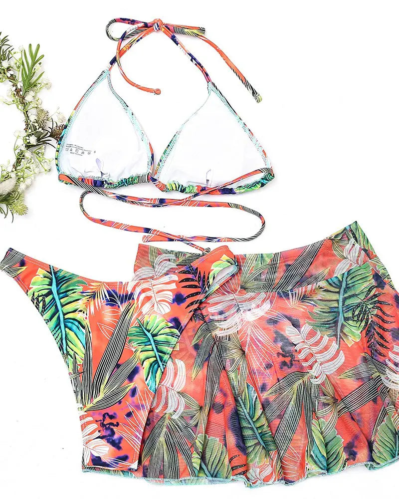 3PCS Halter Tropical Print Bikini Set With Cover Up