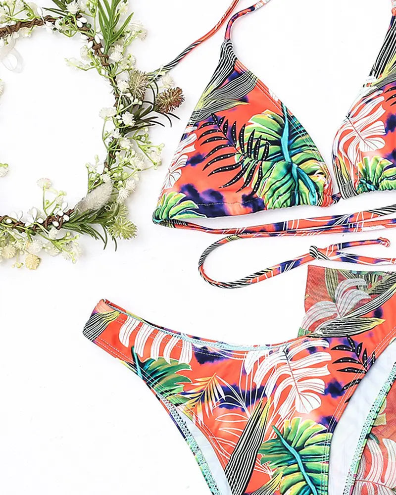 3PCS Halter Tropical Print Bikini Set With Cover Up