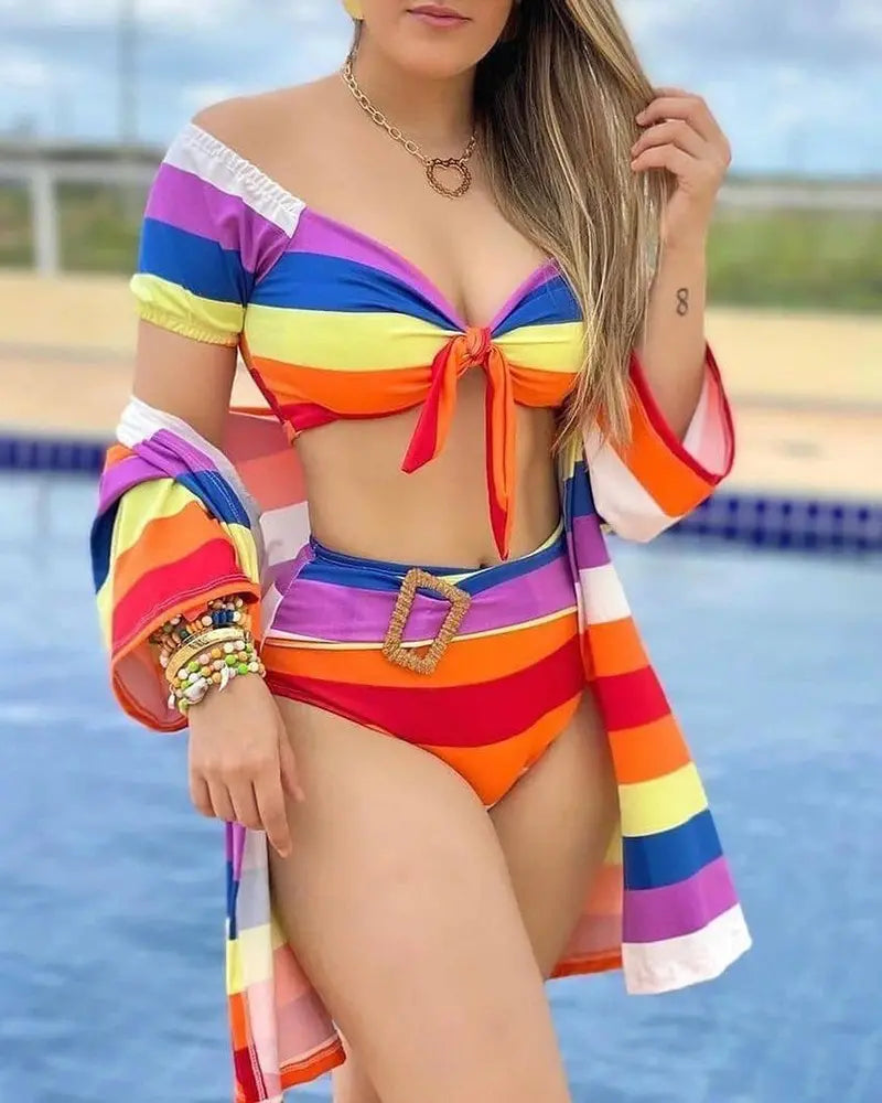 3 PCS Buckle Tied Detail Striped Print Bikini Set With Cover Up