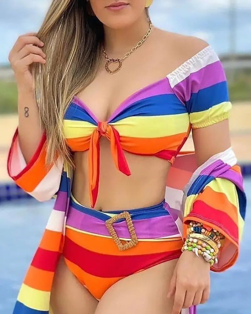 3 PCS Buckle Tied Detail Striped Print Bikini Set With Cover Up