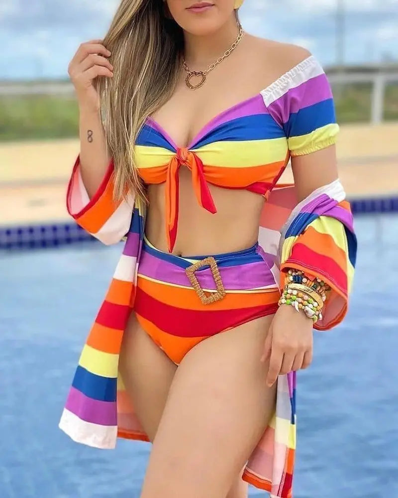 3 PCS Buckle Tied Detail Striped Print Bikini Set With Cover Up