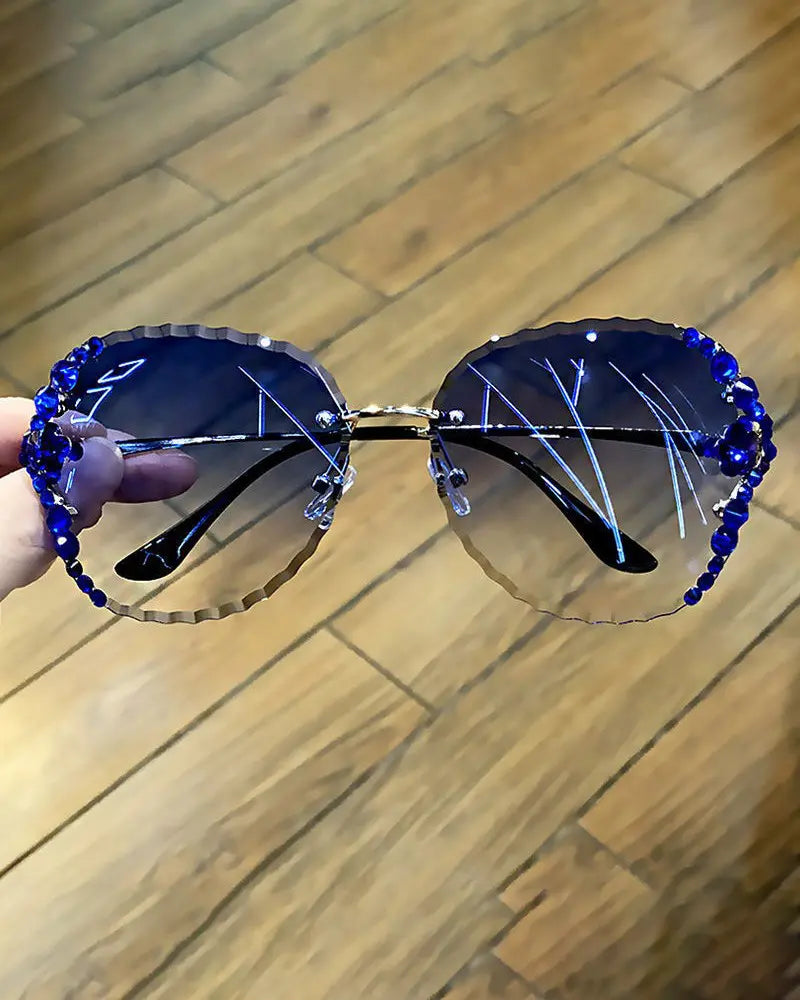 1Pair Square Shaped Rimless Frame Rhinestone Tinted Lens Sunglasses