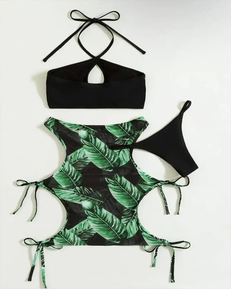 3PCS Halter Bikini Set With Tropical Print Cutout Cover Up