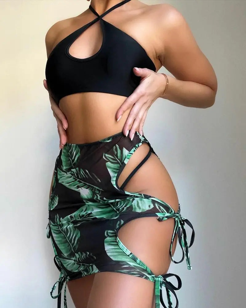 3PCS Halter Bikini Set With Tropical Print Cutout Cover Up