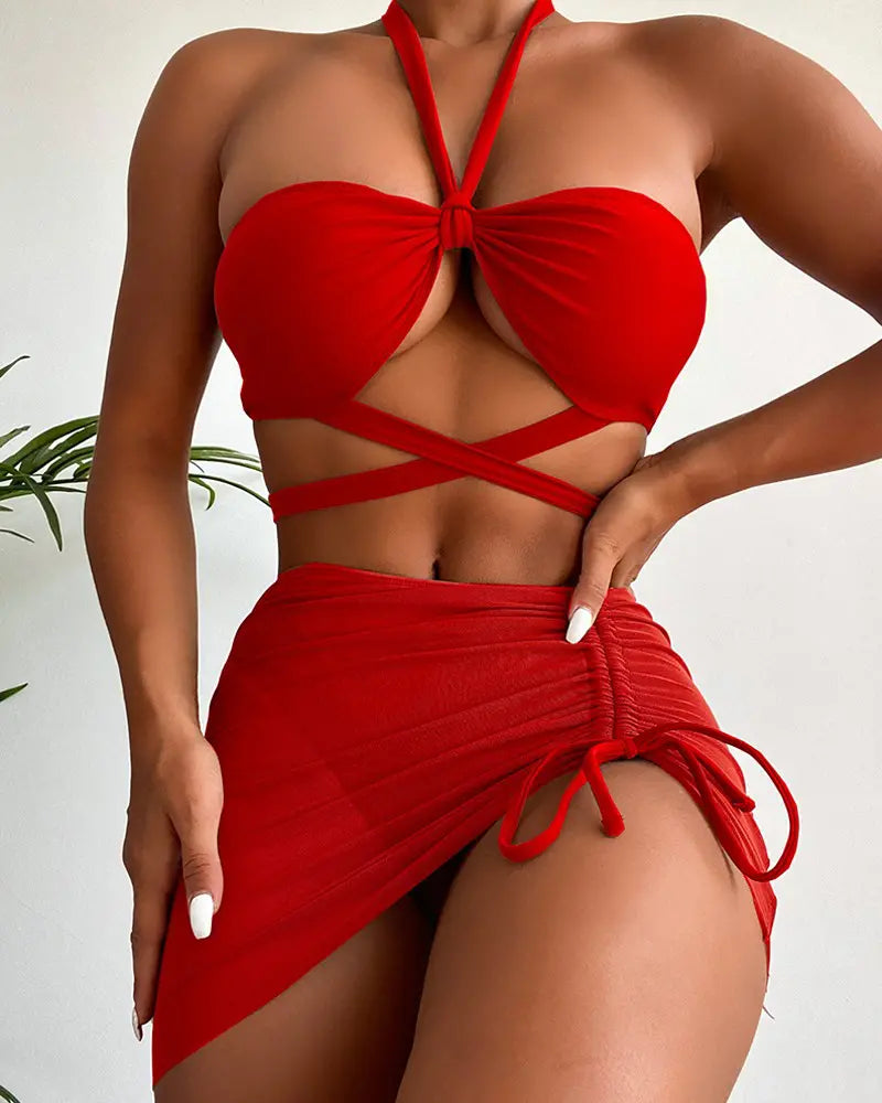 3PCS Ruched Halter Bikini Set With Cover Up