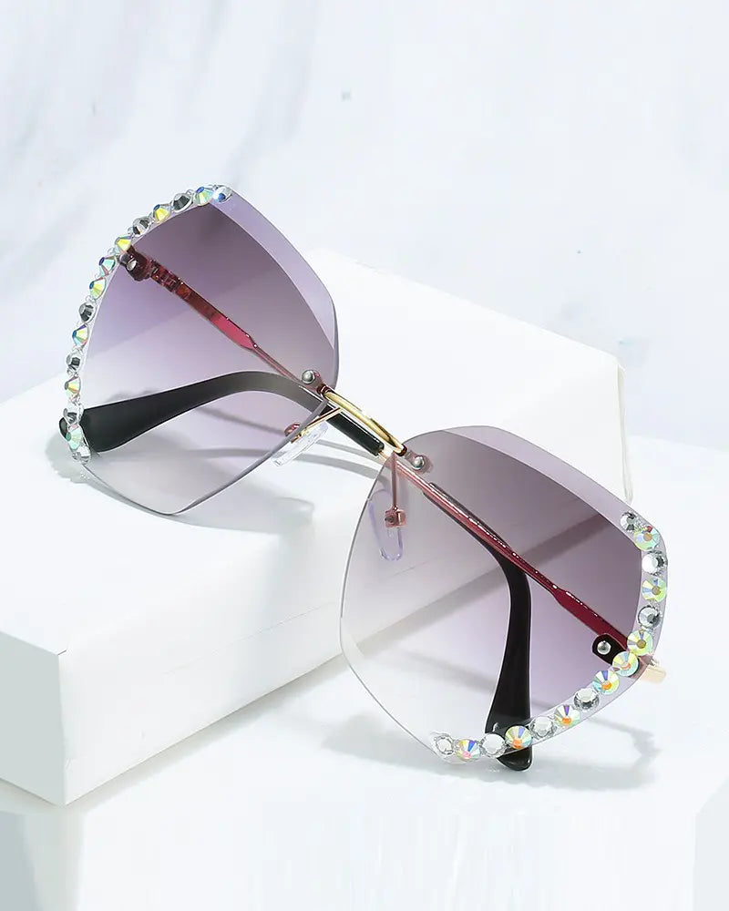 1Pair Ombre Lens Rhinestone Irregular Rimless Sunglasses