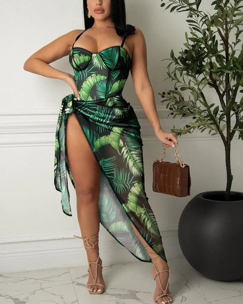 Leaf Print One-Piece Swimsuit With Cover Up