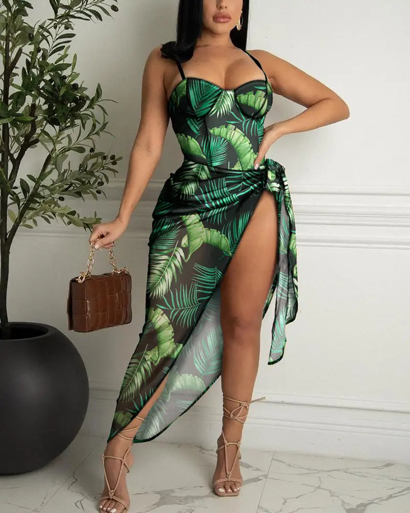 Leaf Print One-Piece Swimsuit With Cover Up