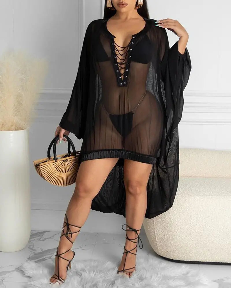 Eyelet Lace-up Sheer Mesh Dip Hem Cover Up