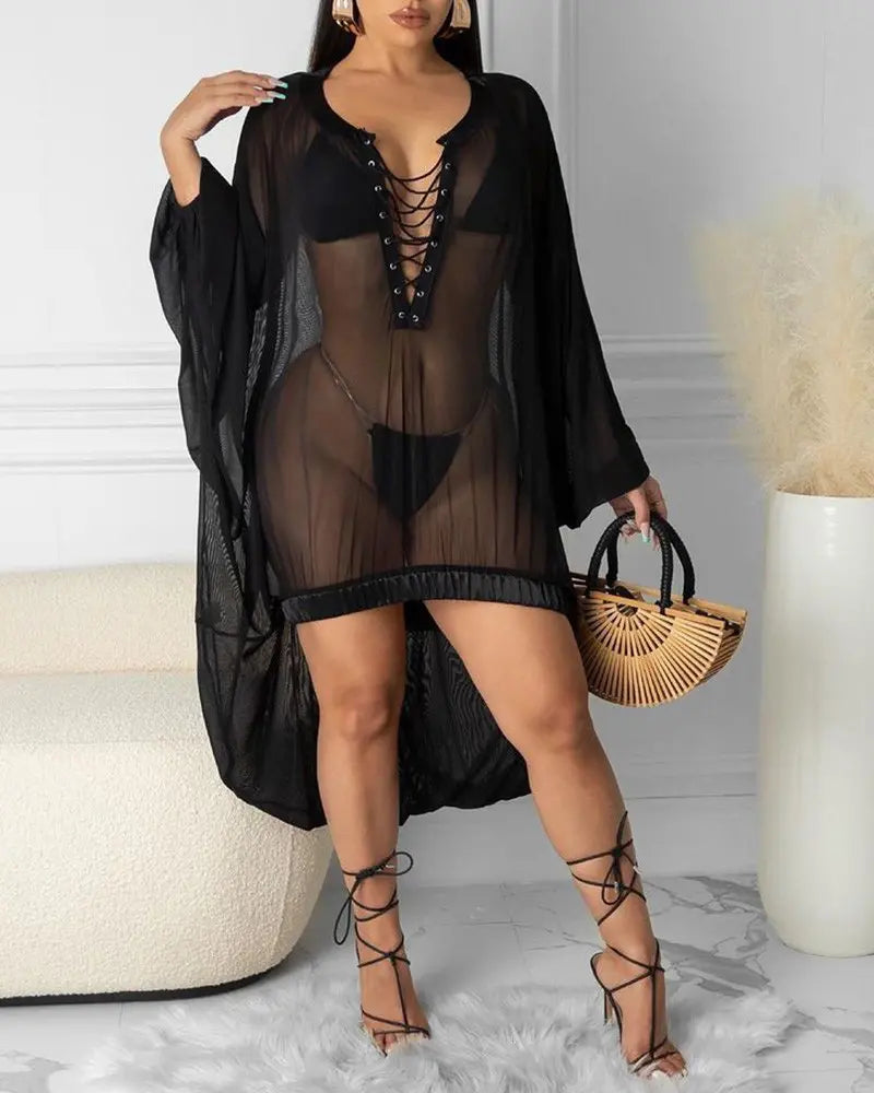 Eyelet Lace-up Sheer Mesh Dip Hem Cover Up