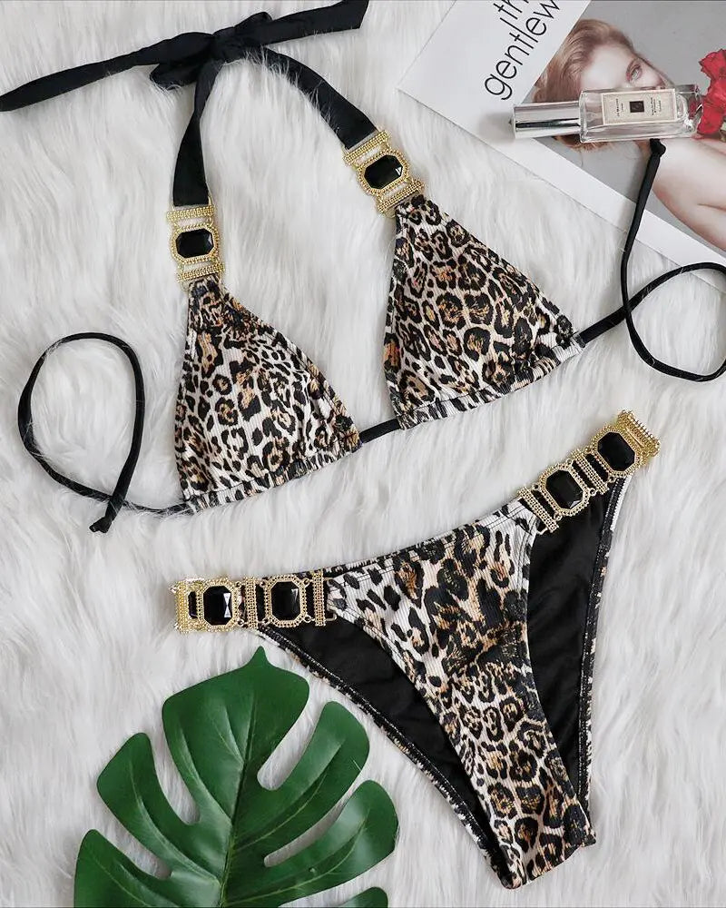 Leopard Print Rhinestone Decor Halter Bikini Set