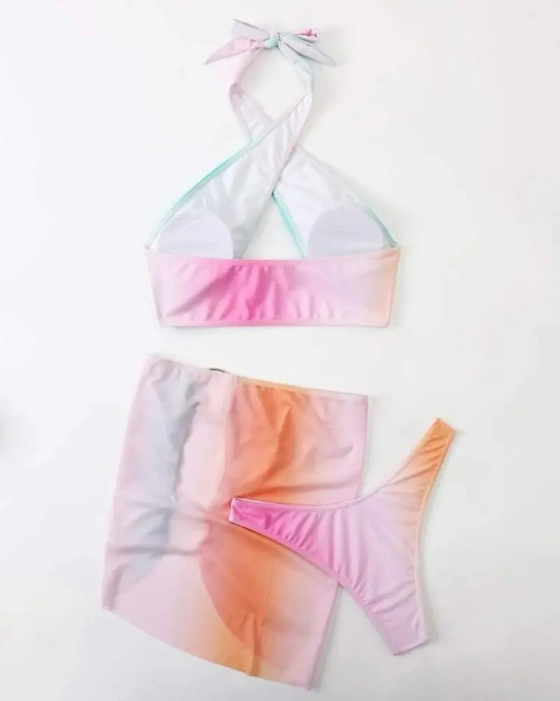 3PCS Ombre Bikini Set With O-Ring Cutout Cover Up