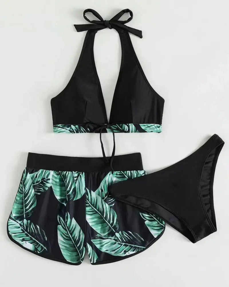 3PCS Tropical Print Halter Bikini Set With Cover Up