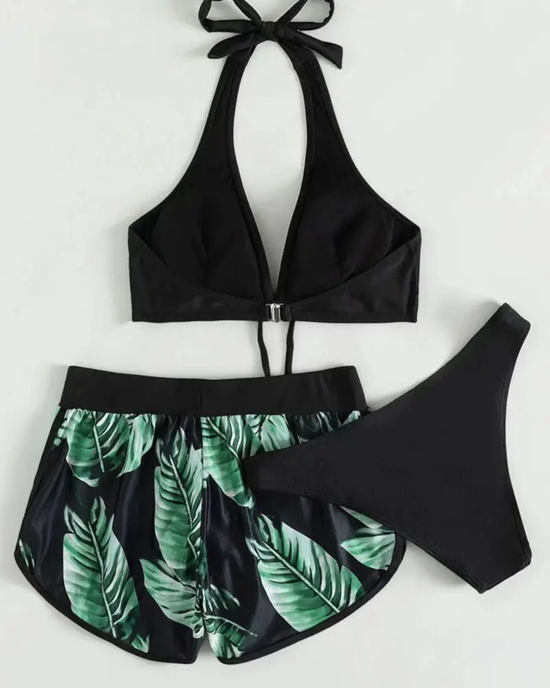 3PCS Tropical Print Halter Bikini Set With Cover Up