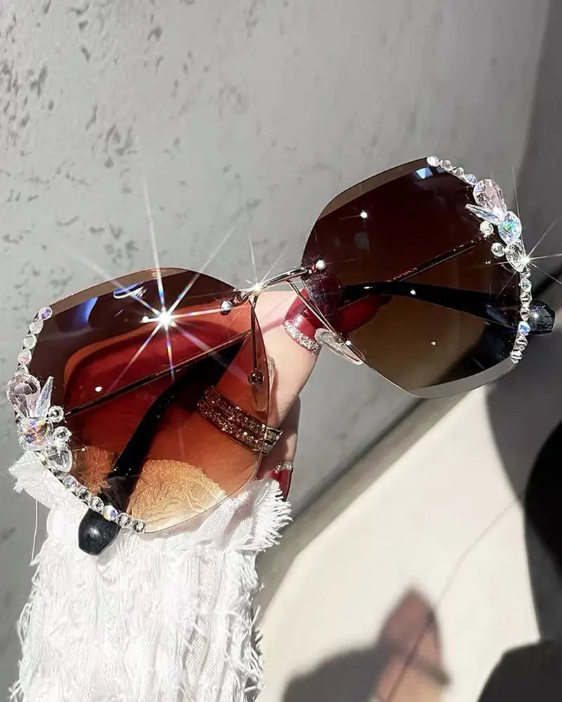 1Pair Rhinestone Tinted Lens Irregular Rimless Frame Sunglasses