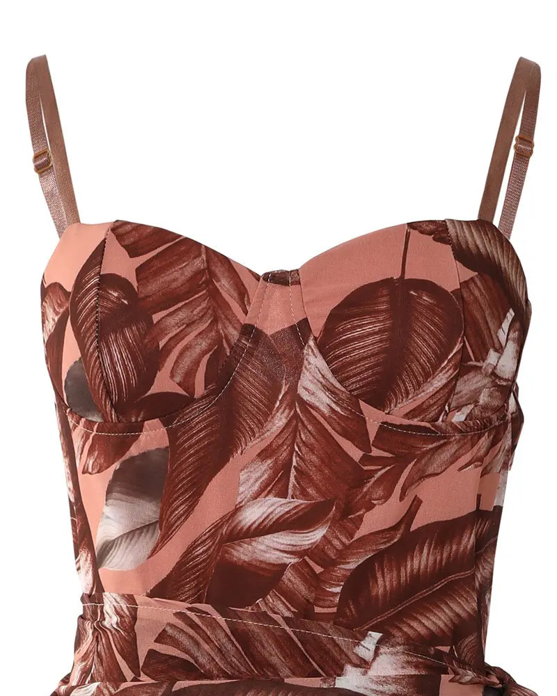 Leaf Print One-Piece Swimsuit With Cover Up