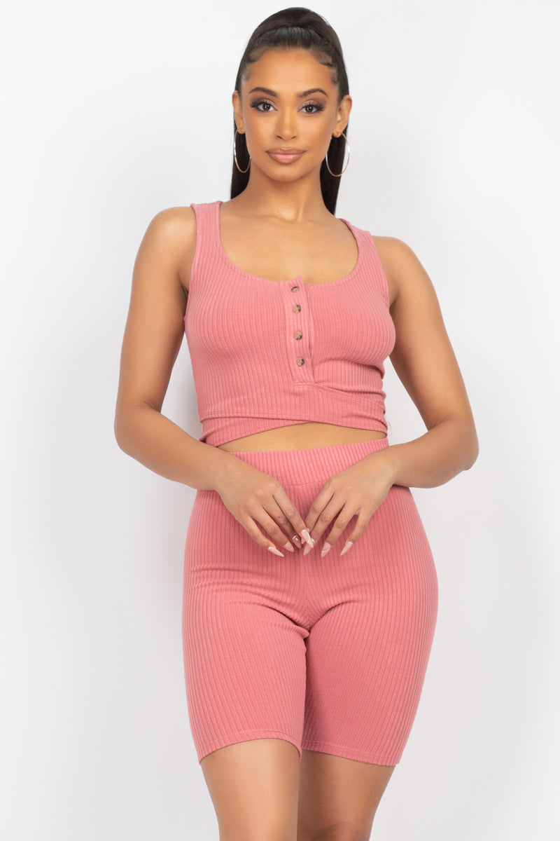 Buttons Scoop Neck Crop Top &amp; Biker Shorts Set