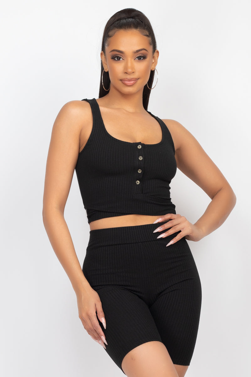 Buttons Scoop Neck Crop Top &amp; Biker Shorts Set