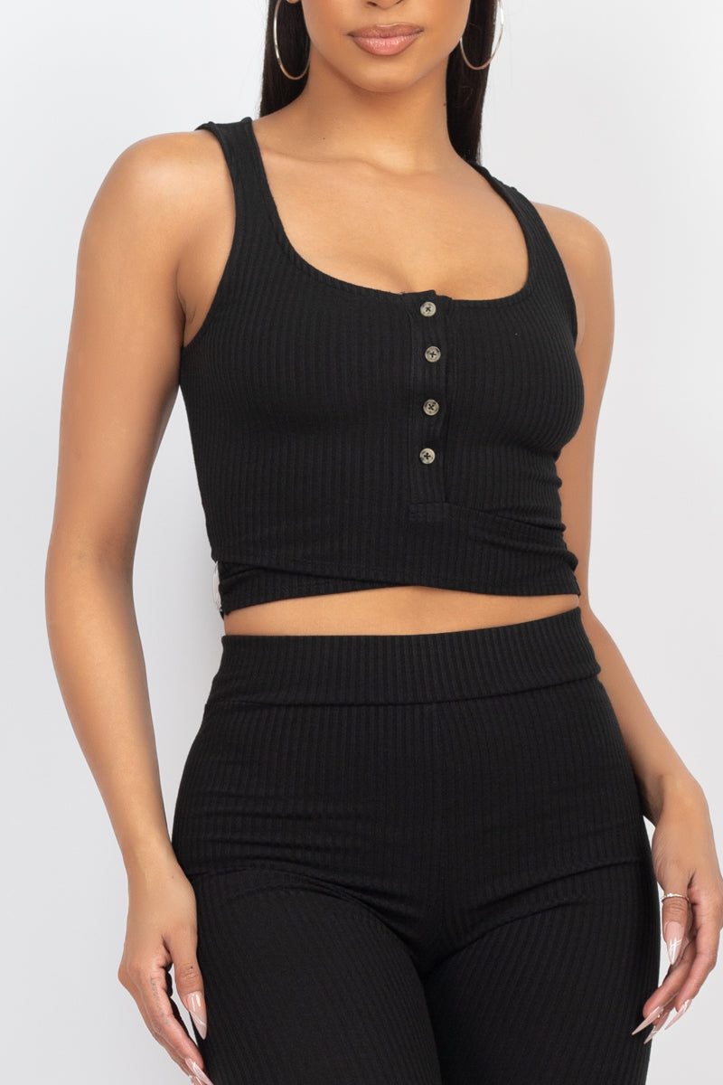 Buttons Scoop Neck Crop Top &amp; Biker Shorts Set