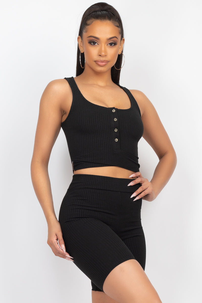 Buttons Scoop Neck Crop Top &amp; Biker Shorts Set