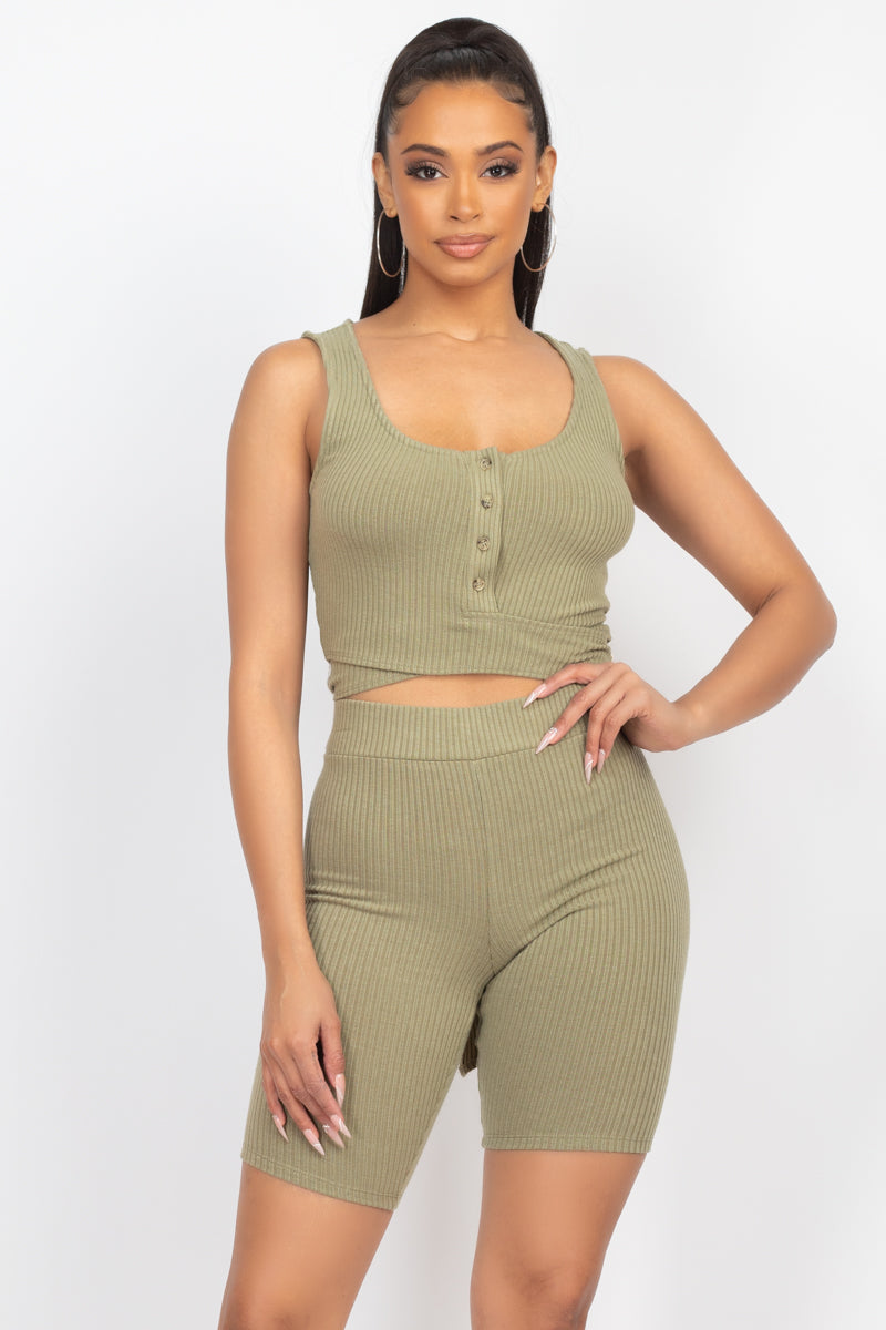 Buttons Scoop Neck Crop Top &amp; Biker Shorts Set