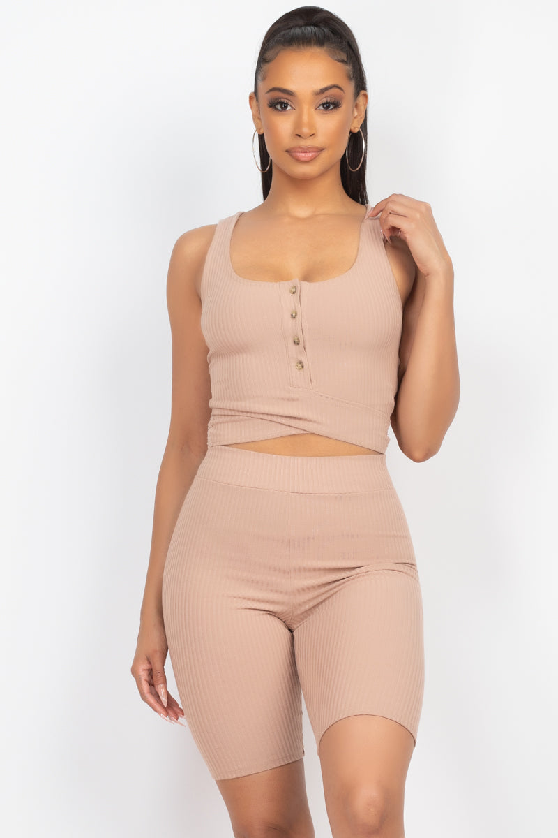 Buttons Scoop Neck Crop Top &amp; Biker Shorts Set