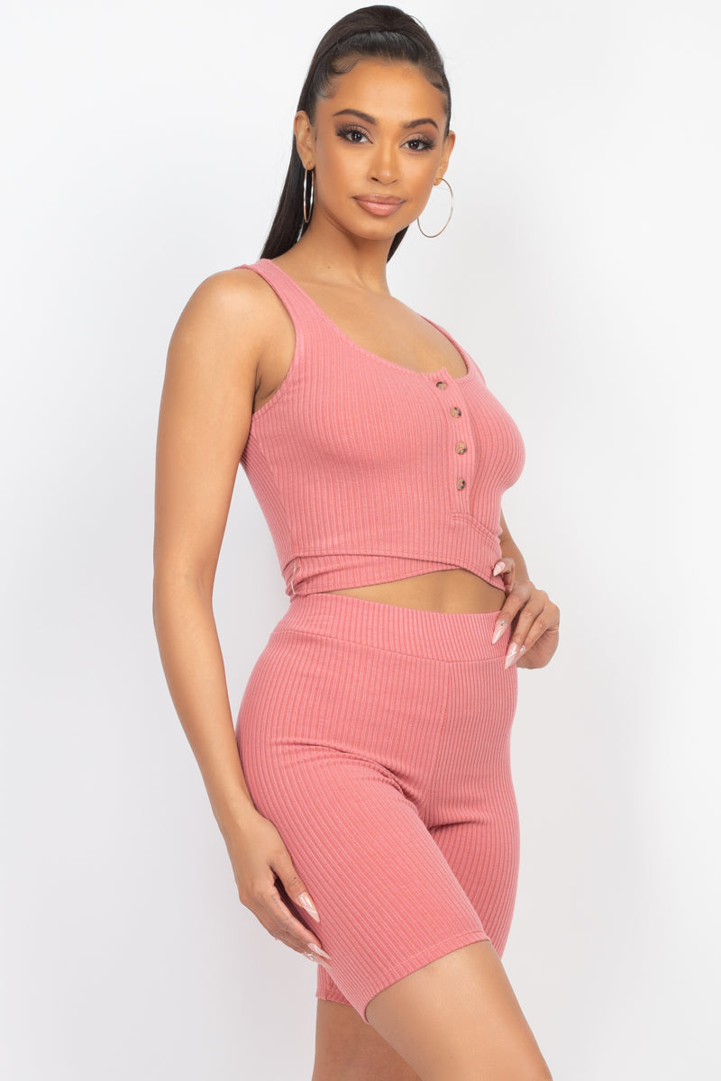 Buttons Scoop Neck Crop Top &amp; Biker Shorts Set