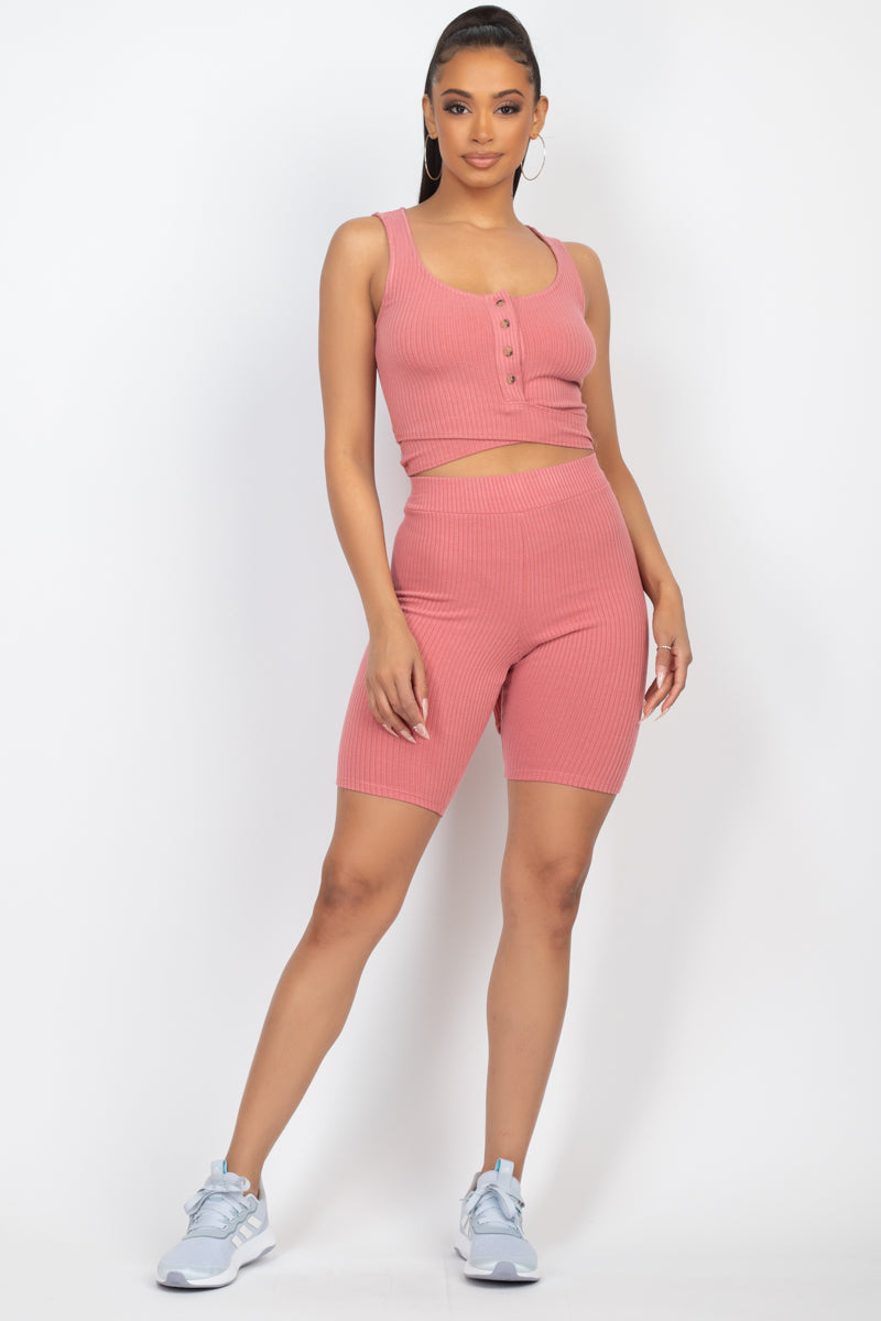 Buttons Scoop Neck Crop Top &amp; Biker Shorts Set