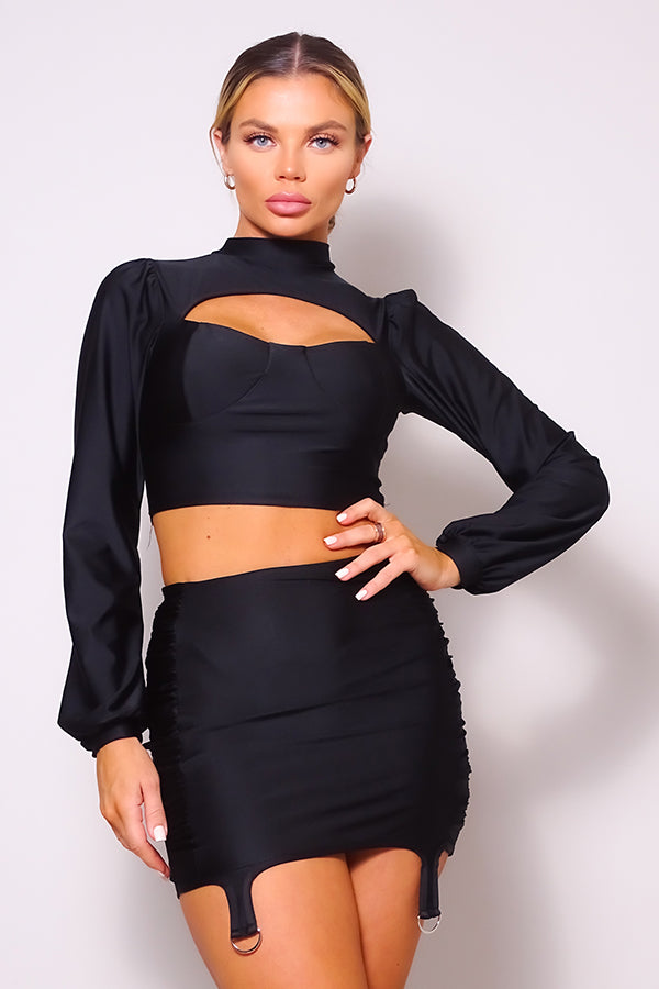 Puff Long Sleeve Front Cutout Turtleneck Blouse &amp; Side Ruched Garter Mini Skirt Set