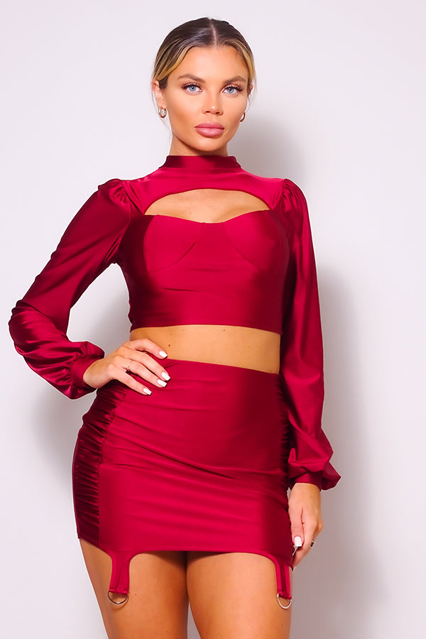 Puff Long Sleeve Front Cutout Turtleneck Blouse &amp; Side Ruched Garter Mini Skirt Set