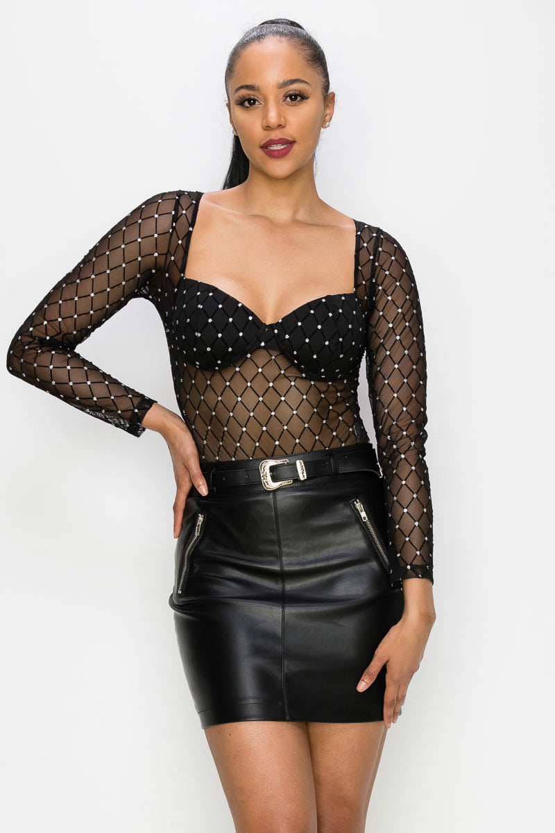 Diamond-patterned Sheer Bodysuit