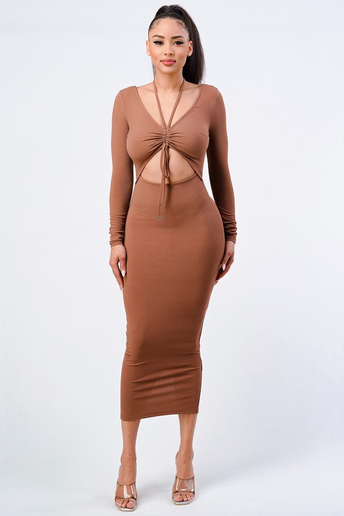 Shirring Cut-out Long Sleeved Dress