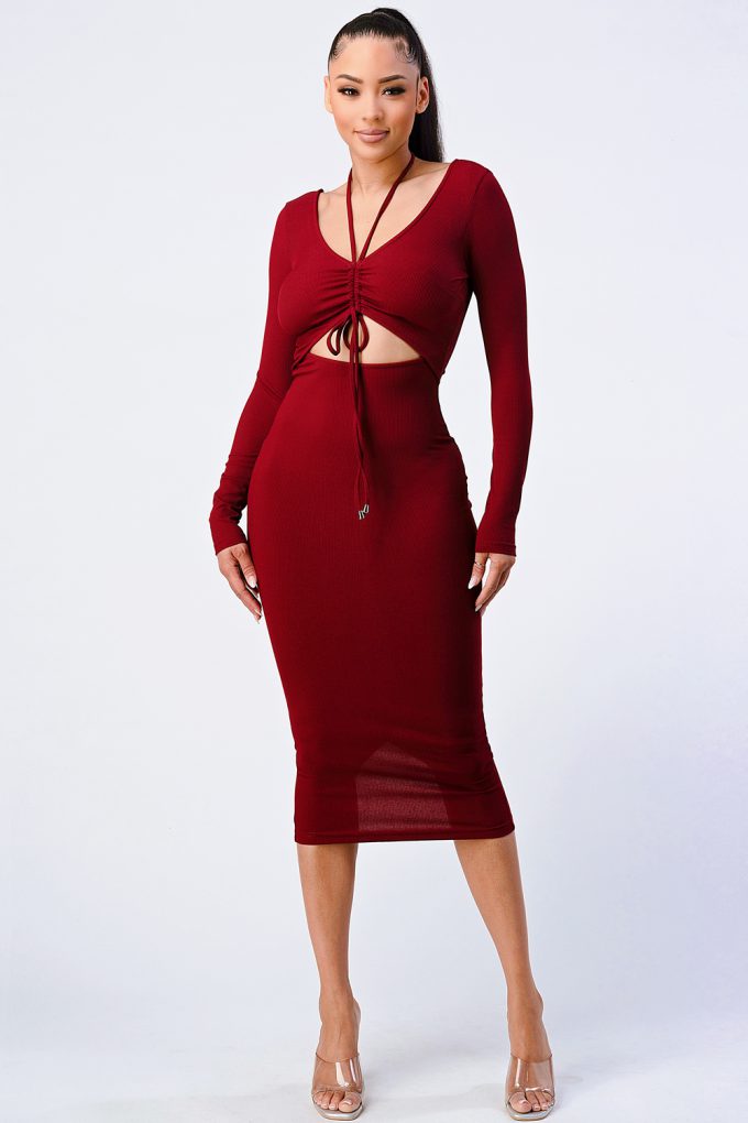 Shirring Cut-out Long Sleeved Dress