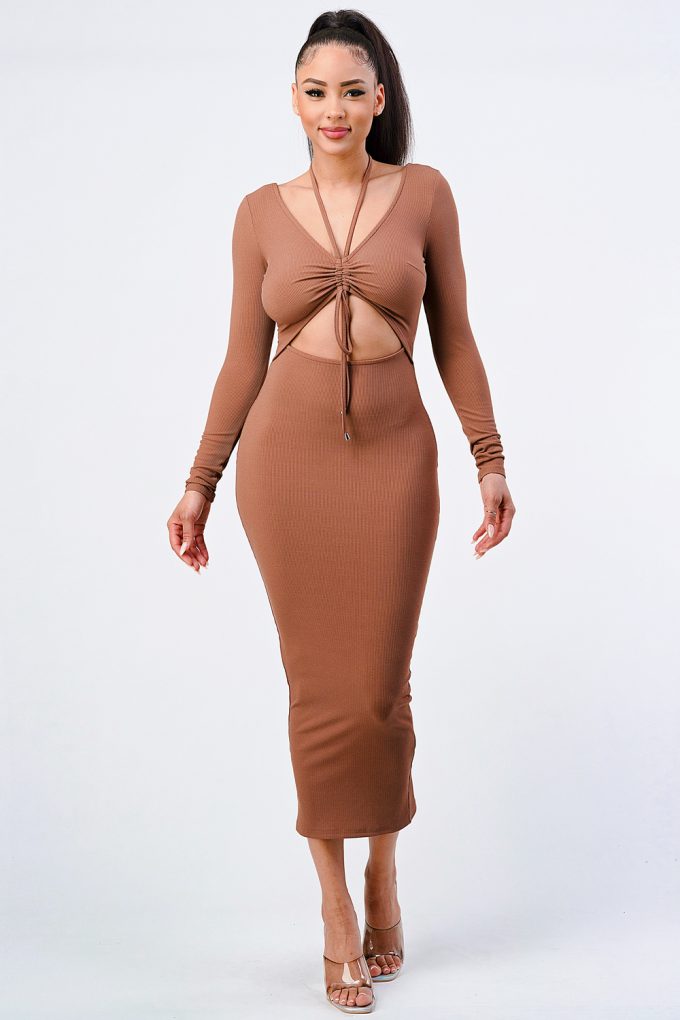 Shirring Cut-out Long Sleeved Dress