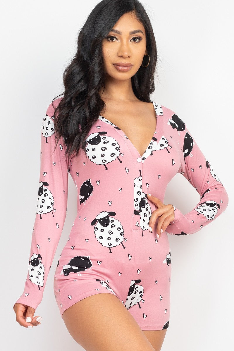 Sheep Print V-neck Button Romper