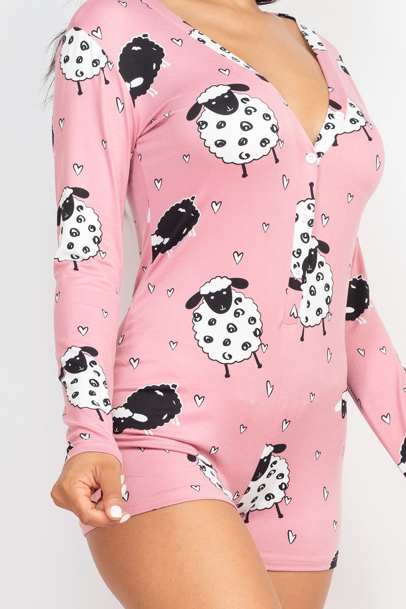 Sheep Print V-neck Button Romper