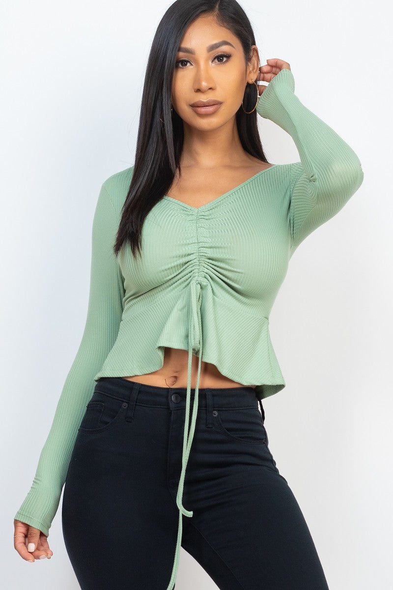 Ribbed Drawstring Peplum Top