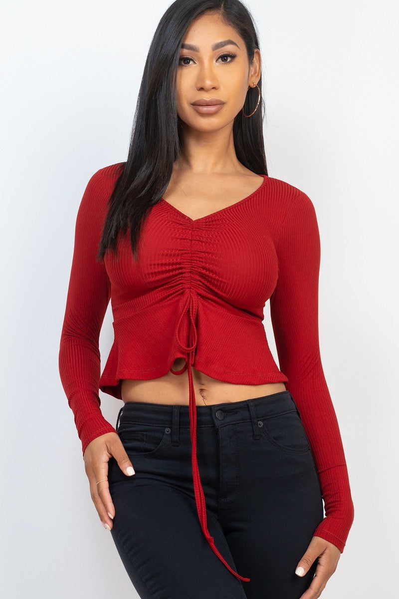 Ribbed Drawstring Peplum Top