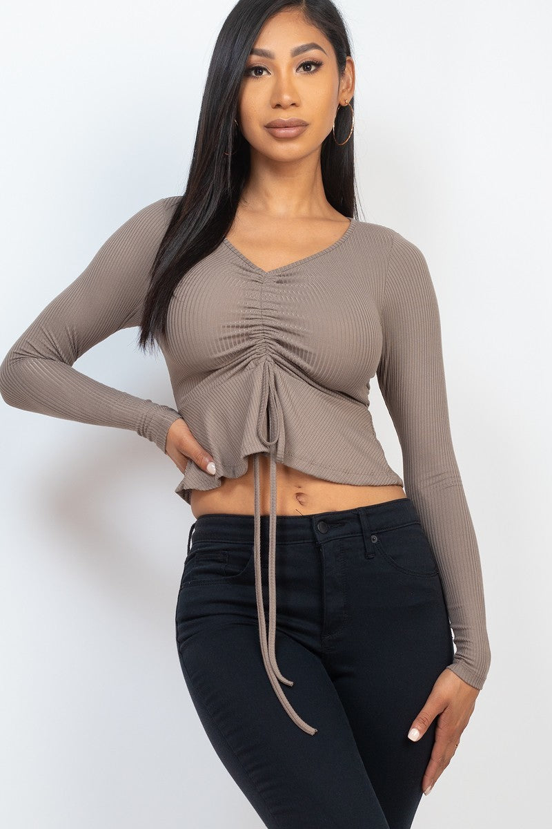 Ribbed Drawstring Peplum Top