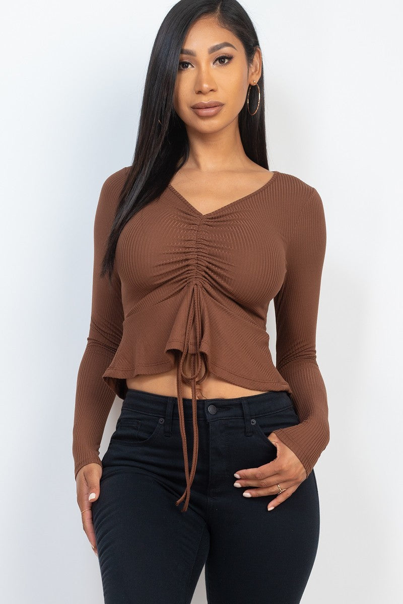 Ribbed Drawstring Peplum Top