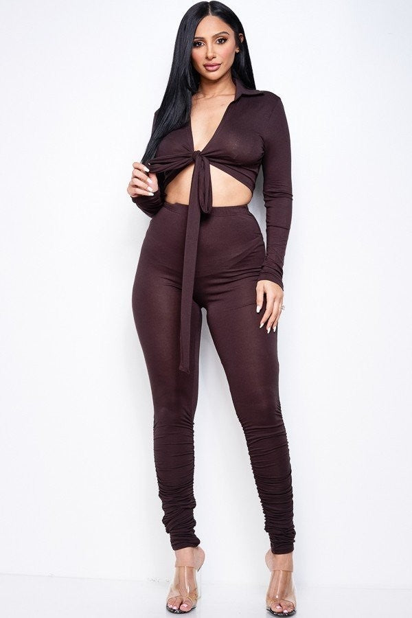 Spandex Collared Tie Front Top And Pants