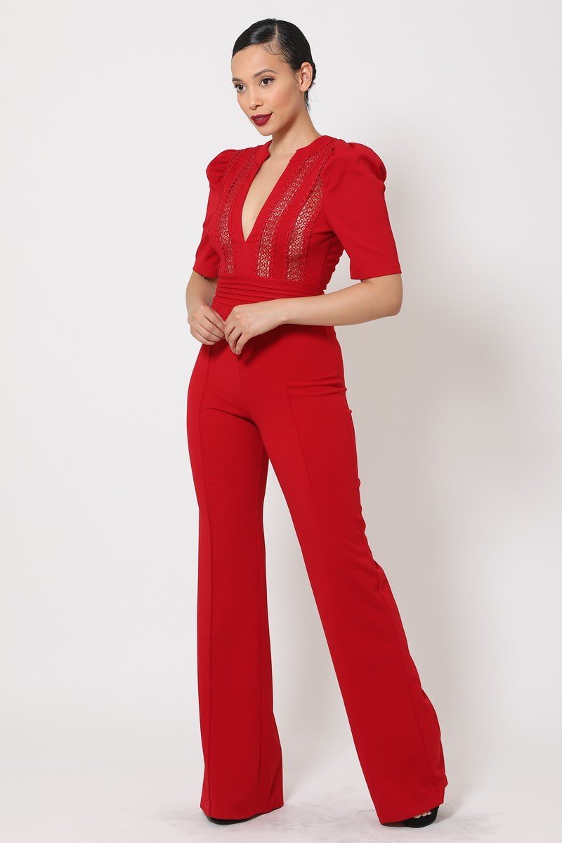 Deep V-neck Crochet Bodice Jumpsuit