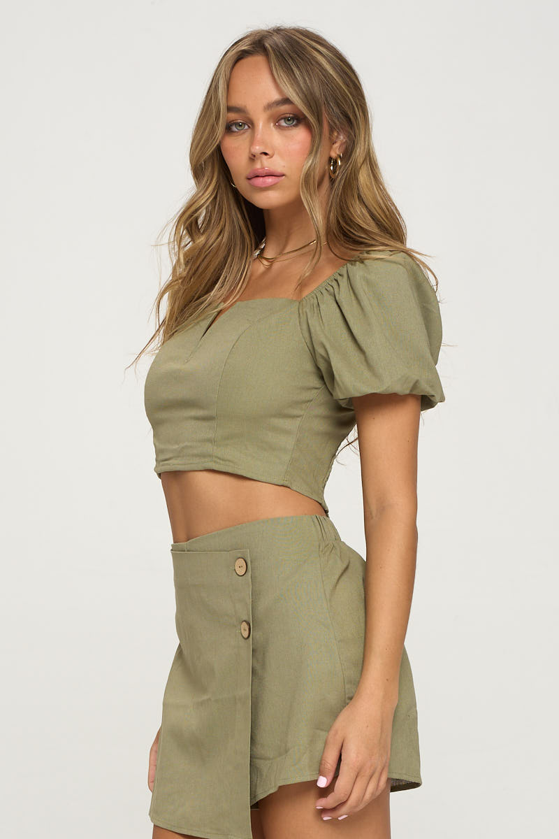 V-bar Puff Sleeve Top &amp; Skorts Set