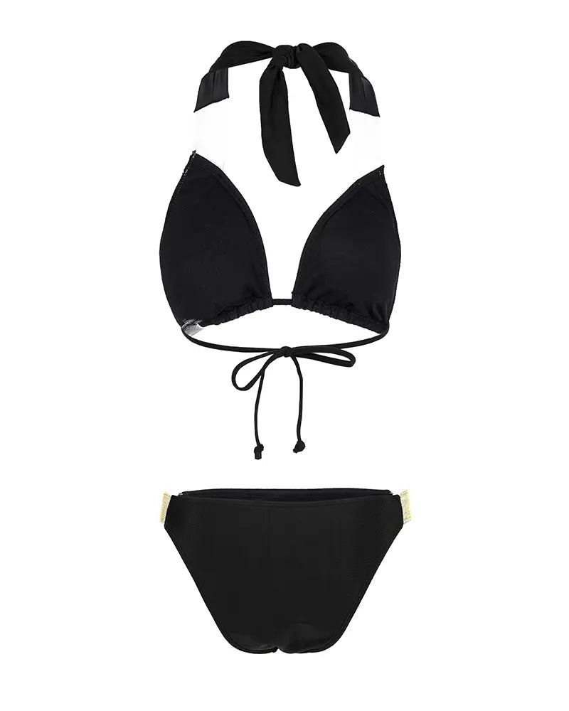 Contrast Paneled Halter Bikini Set