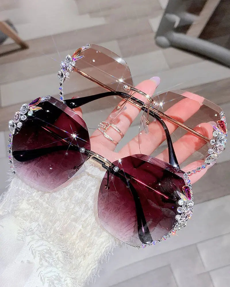 1Pair Rhinestone Tinted Lens Irregular Rimless Frame Sunglasses