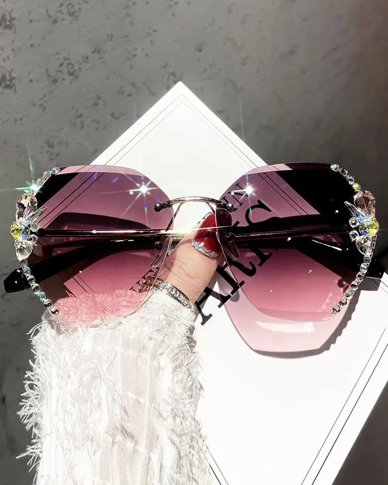 1Pair Rhinestone Tinted Lens Irregular Rimless Frame Sunglasses