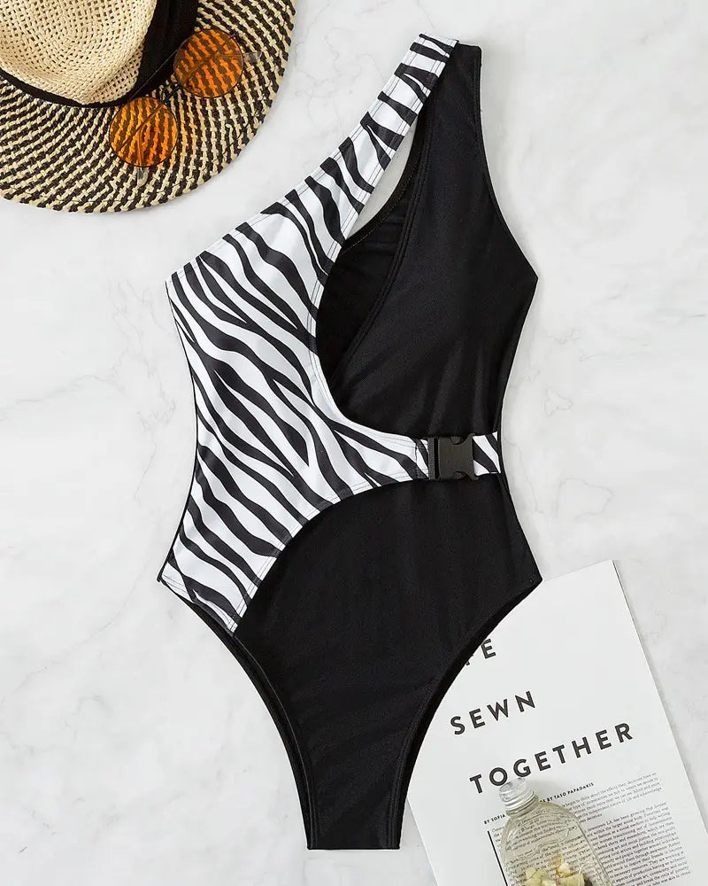 Zebra Stripe Print Cutout Buckled One-Piece Swimsuit